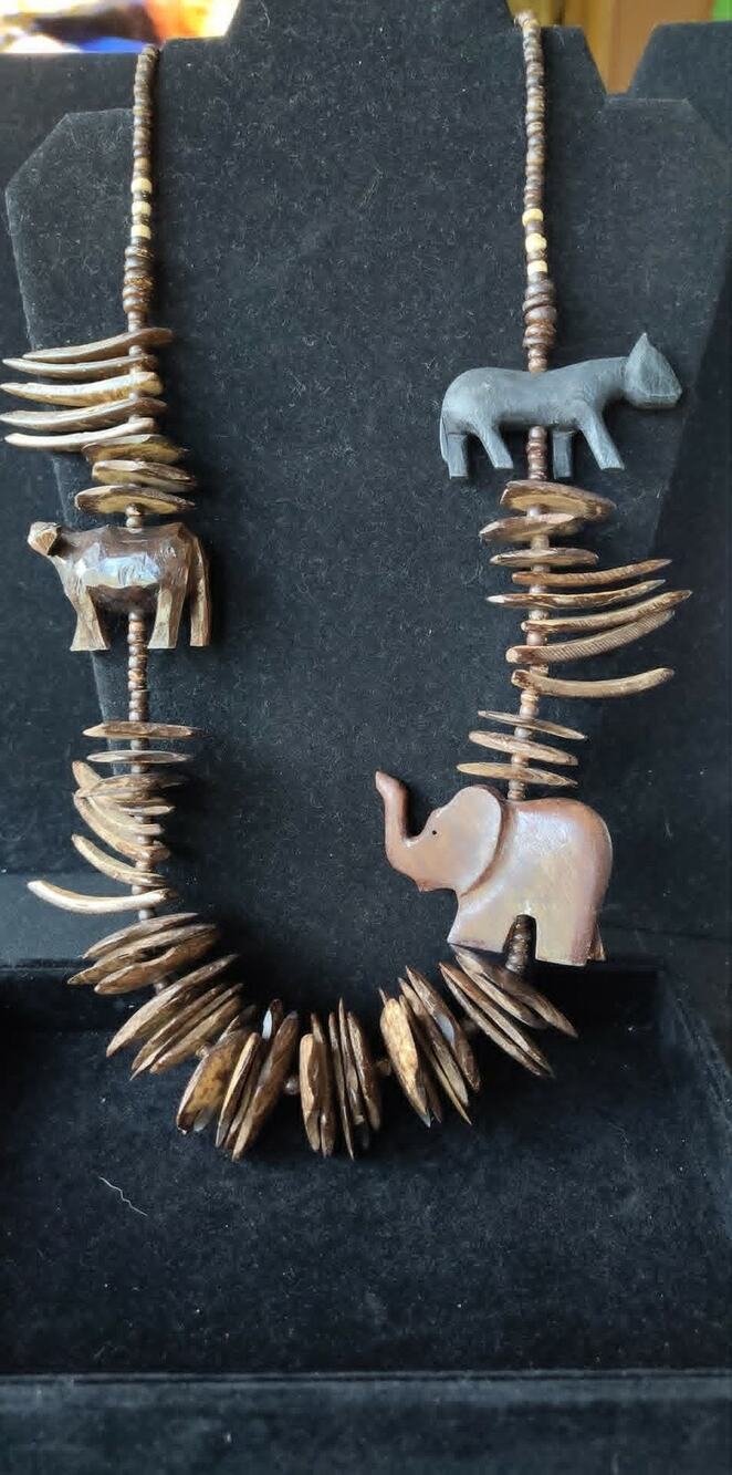 Vintage wooden artisan necklace, 28", panther, elephant